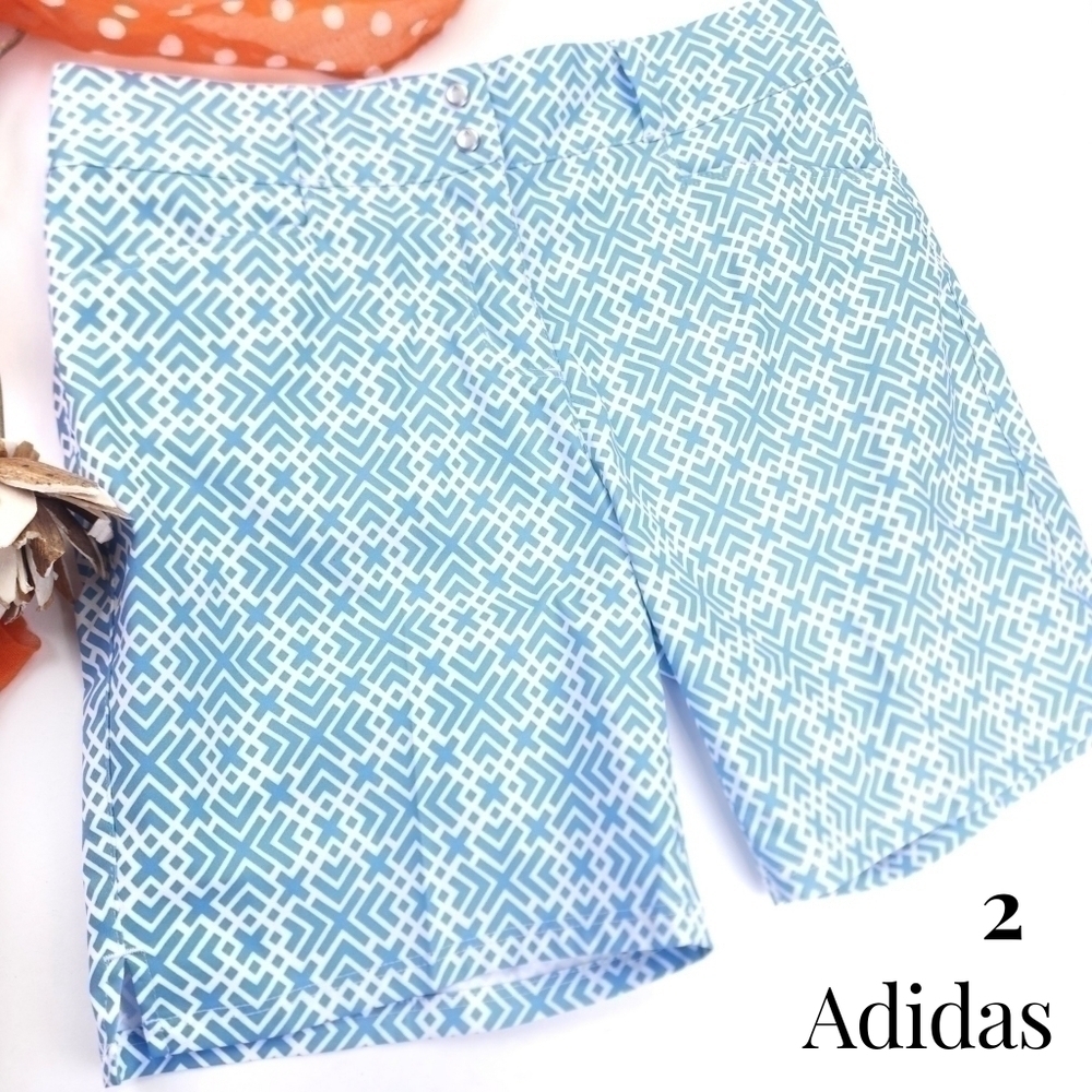 New Adidas Blue White Patterned Golf Shorts Sz 2 - Picture 1 of 10